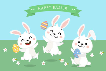 Cute Easter bunny with decorating egg collection. White rabbit in holidays cartoon character. -Vector