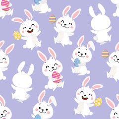 Obraz na płótnie Canvas easter2Happy white bunny and Easter eggs seamless pattern. Cute rabbit cartoon character set. Animal wildlife vector. Spring season background.020_46 pattern