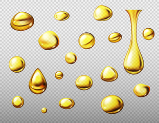 Set of realistic gold or yellow oil drops. Vector illustration isolated on transparent background