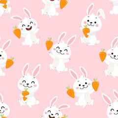Cute white bunny and carrot seamless pattern. Rabbit animal cartoon character.