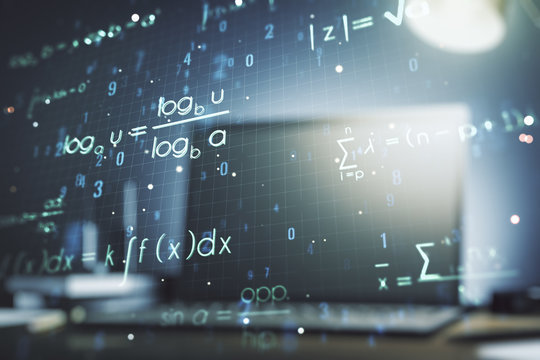 Creative scientific formula illustration on modern computer background, science and research concept. Multiexposure - Powered by Adobe