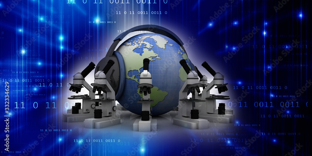 Poster 3d rendering microscope with headphone globe
