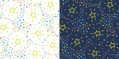 Two vector seamless patterns with colorful hand drawn shining stars. White and deep blue backgrounds. Hand drawn illustrations. Great for fabric, wrapping papers, wallpapers.