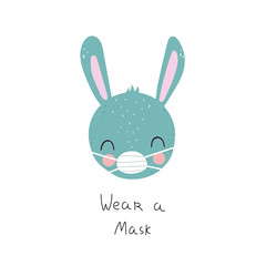 wear a mask. Cartoon bunny, Hand drawn motivation lettering, decor elements. Colorful vector illustration, flat style. design for cards, t-shirt print, poster
