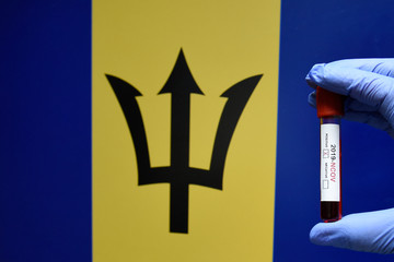 Corona virus or Covid-19 in Barbados , sample blood tube in hand with Barbados flag on background