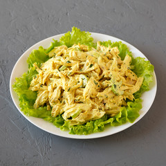 Homemade Coronation Chicken Salad on a white plate on a gray background, side view. Close-up.