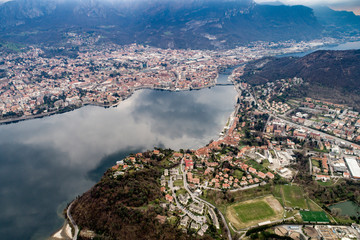 Como lake aerial view with cloud reflection on water