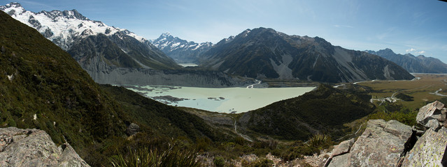 View of Mueller Glacial Lake and Hooker Lake from track to Sealy Tarns in Mount Cook National Park...