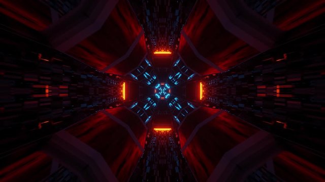 Computerized highly immersive and reflective dark tunnel with blue and orange lights illuminating it. Animation, VJ loops.