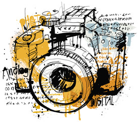 Hand drawing vector image of an digital cam - obrazy, fototapety, plakaty