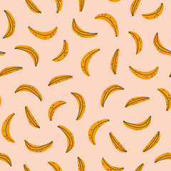 Banana seamless pattern on the pink background. Vector Illustration. Hand drawn fruit fabric design.