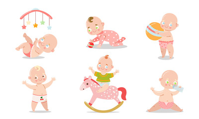 Set of a cute baby in underpants in different situations. Vector illustration in flat cartoon style.