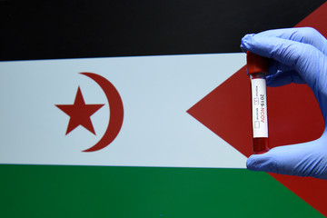 Corona virus or Covid-19 in western Sahara, sample blood tube in hand with western Sahara flag on...