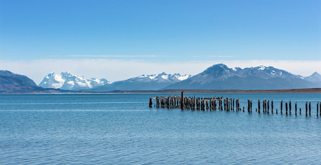 Old jetty with king cormorants at Ultima Esperanza Fjord near Puerto Natales, Patagonia, Chile