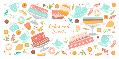 Vector banner with cakes, cookies and other pastries, as well as tea accessories on a white background for the design of a cafe or bakery.