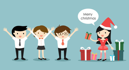 Santa girl is giving gift boxes and saying 'Merry Christmas'