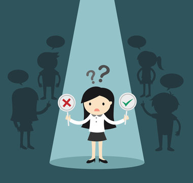 Business Concept, Business Woman's Standing In Spotlight And Confused About True Or False. Vector Illustration.