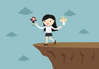 Business concept, Business woman is walking to the cliff with angel and devil. Vector illustration.