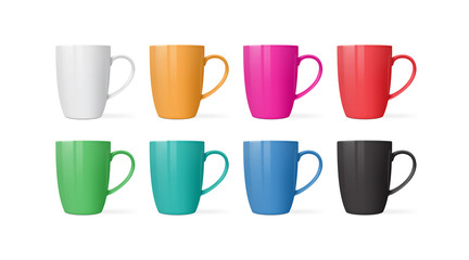 mugs of different colors isolated on white background mock up