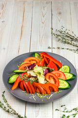 tomato, bell pepper, cucumber slices, lettuce and thyme on gray plate, served on white wooden background in rustic style with copy space, sliced raw assorted vegetables in restaurant