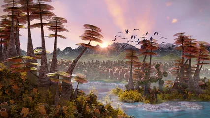 Foto op Plexiglas buitenaards planeetlandschap, prachtig bos het oppervlak van een exoplaneet © dottedyeti
