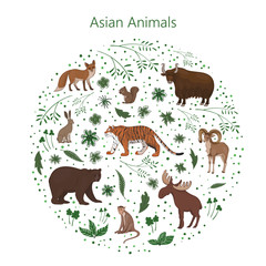 Vector set of cartoon cute Asian animals with leaves flowers and spots in a circle. Hare, fox, squirrel, elk bear urial tiger yak macaque