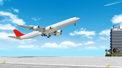 modern airplane flying from airport runway background Side view of passenger jet aircraft...