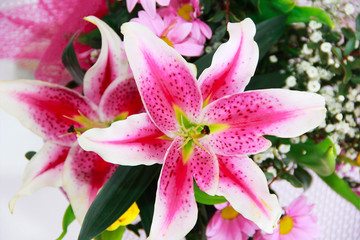 bouquet of natural large pink lilies, chrysanthemums and tulips