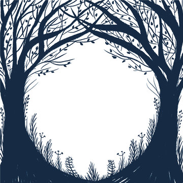 Drawn Enchanted Forest. Vector Black And White Frame. Silhouette Of Trees And Grass.