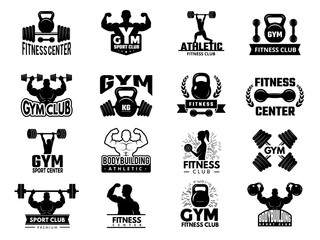 Badges sport. Fitness athletic gym logotypes vector set. Fitness gym emblem, bodybuilding workout badge illustration