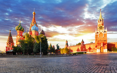 Panorama in Moscow at sunrise, Red square with saint Basil in Russia