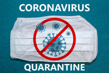 medical face mask on blue background with coronavirus quarantine symbol, COVID-19 Novel corona...