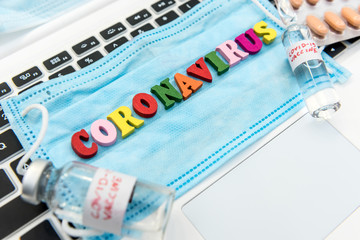 Medical disposable face mask with text covid-19. Coronavirus who causes pneumonia. Worldwide quarantine