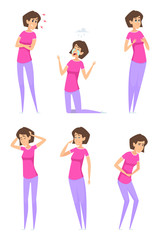 Pms symptoms. Woman cycles monthly periodical pain of female medical syndrome cup bloat vector characters. Pms period menstruation, problem and syndrome female cycle illustration