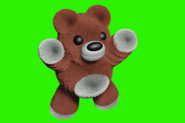 3D RENDERING ILLUSTRATION Brown Teddy bear raise 2 hands on green screen background. Cute cartoon character gift doll toy. Object graphics design for adjust edit add text,images copy space concept.