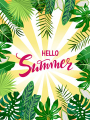 Fototapeta na wymiar hand drawn lettering Hello Summer with tropical leaves, palms, monstera leaf, floral background. Red text on striped background for banner, flyer, greeting card, post, a print for a tshirt