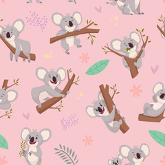Koala pattern. Australian wild cute animal koala bear pictures for textile design projects vector seamless cartoon background. Background jungle koala sitting on branch illustration © ONYXprj