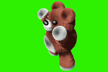 3D RENDERING ILLUSTRATION Brown Teddy bear raise 2 hands on green screen background. Cute cartoon character gift doll toy. Object graphics design for adjust edit add text,images copy space concept.