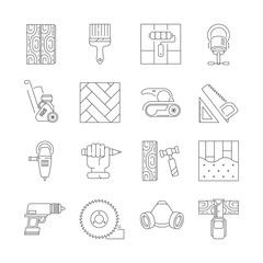 Wood flooring. Laminate carpenter repair parquet oak flooring fixing vector icon set. Wood timber parquet, flooring material, renovation surface woodworking illustration