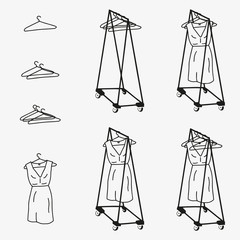 Set of clothes hangers. Rack for hanging clothes. White dress on a hanger. Black objects on a white background. Trempel. Drawn by hand. Vector.