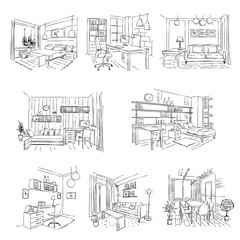 Modern offices. Empty rooms interior workplaces with hand drawn furniture vector sketch. Furniture workplace interior, workspace monochrome contemporary outline illustration