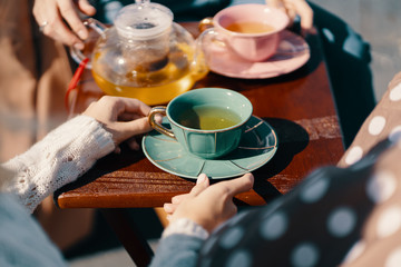 Two attractive girls enjoy a tea party