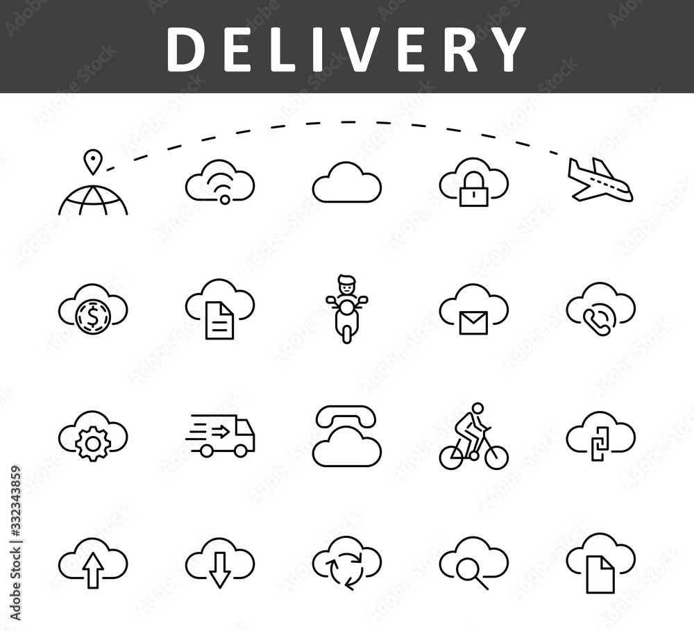 Poster set of cloud vector line icon. it contains symbols to upload, download, link and more. editable stro