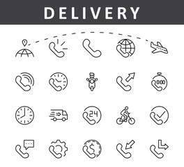 Set of Phone vector line icons. It contains the symbols of incoming, outgoing, missed calls, global call and round the clock online support and much more. Editable Stroke. 32x32 pixels.