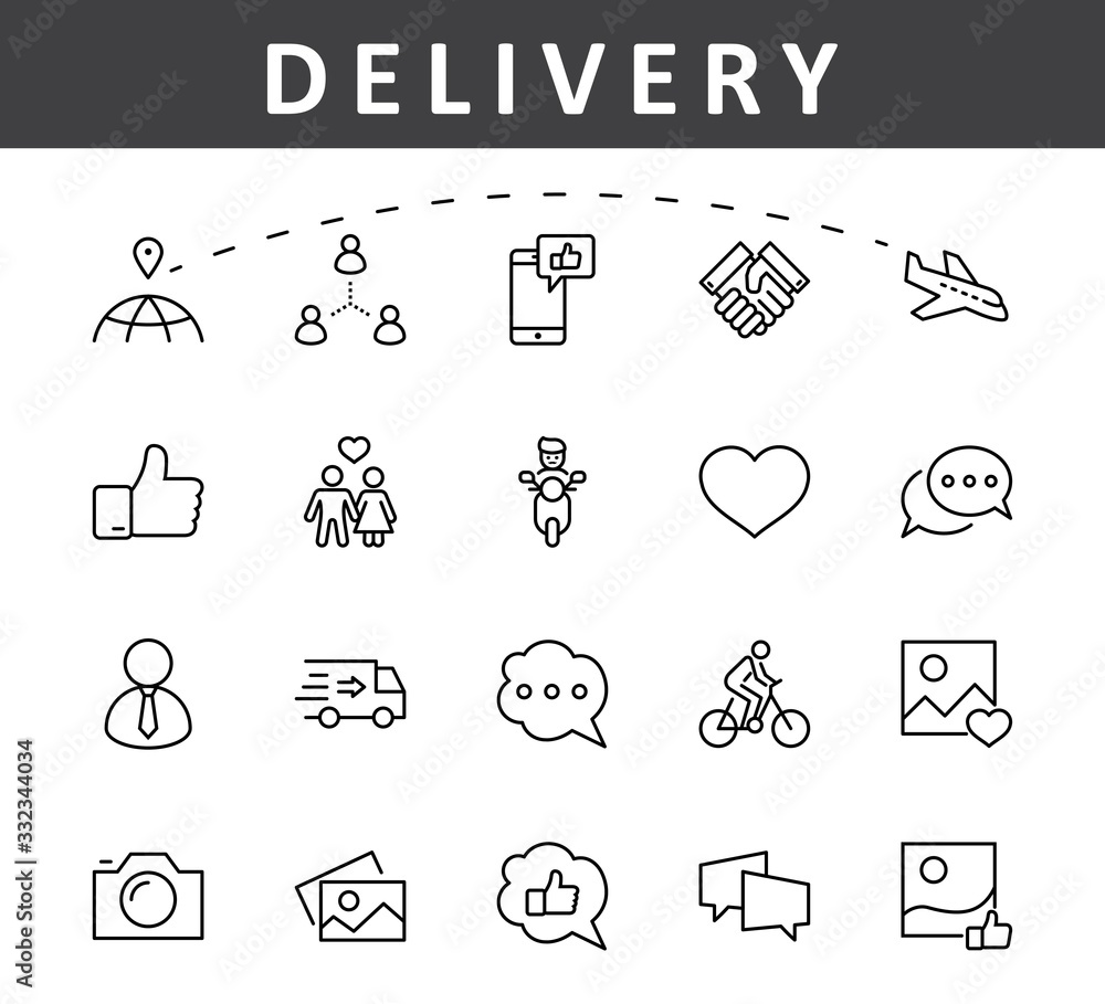 Poster set of social networks related vector line icons. contains such icons as profile page, rating, socia
