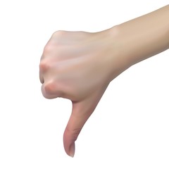 3d female hand shows dislike with thumbs down, rejection concept. Realistic vector illustration on white background. EPS10 with mesh gradients.