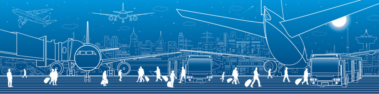 Airport panorama. The plane is on the runway. Aviation transportation infrastructure. Airplane fly, people get on the aircraft and bus. Night city on background, vector design art
