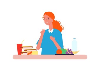 Food choice. Woman choosing between healthy and unhealthy nutrition. Diet vector concept. Nutrition for woman diet, food choice illustration