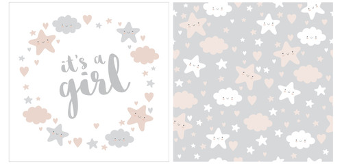 It's a Girl. Lovely Baby Shower Illustration and Seamless Vector Pattern. Wreath Made of Cute Stars, Fluffy Clouds and Sweet Hearts. Happy Sky Vector Print. Funy Nursery Art Ideal for Card, Greeting.