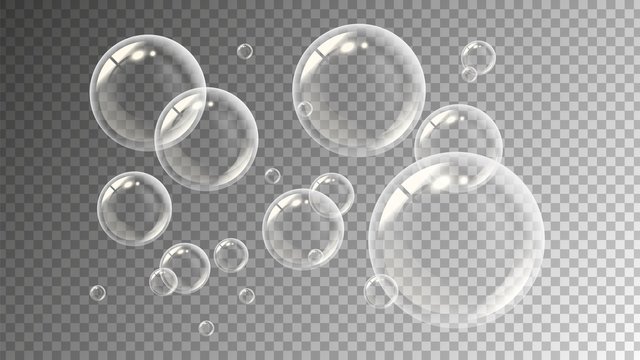 Realistic soap bubbles. Flying transparent water drops. Liquid spheres vector illustration. Drop ball sphere, reflection liquid wash bubble